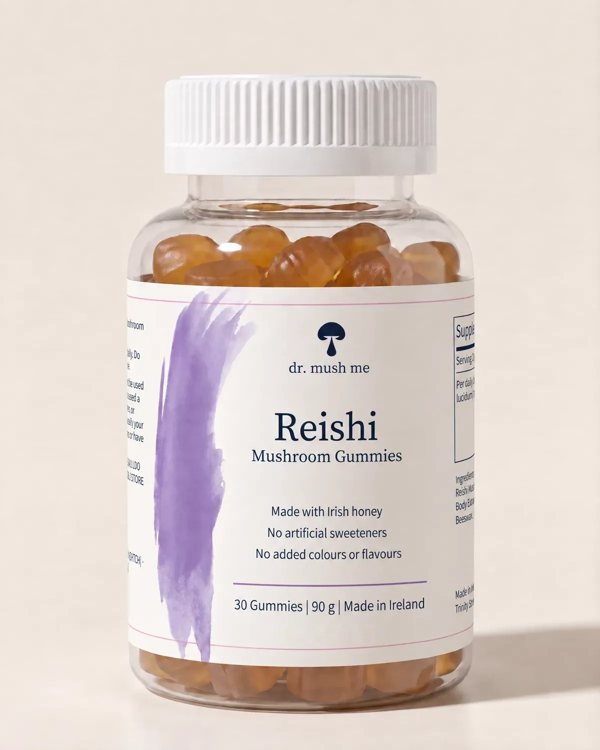 Jar of Dr. Mush Me Reishi Gummies, made with Irish honey